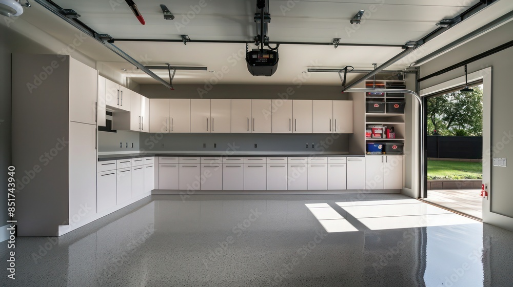 Freshly coated garage floor with white cabinetry