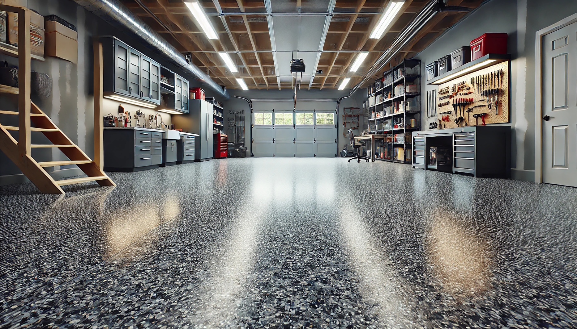Organized garage with a finished flake epoxy floor